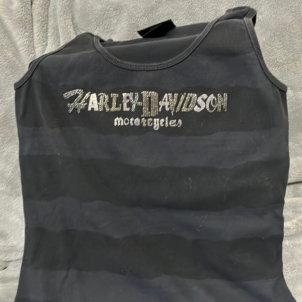 Harley Davidson women’s black and gray, striped tank top embellished